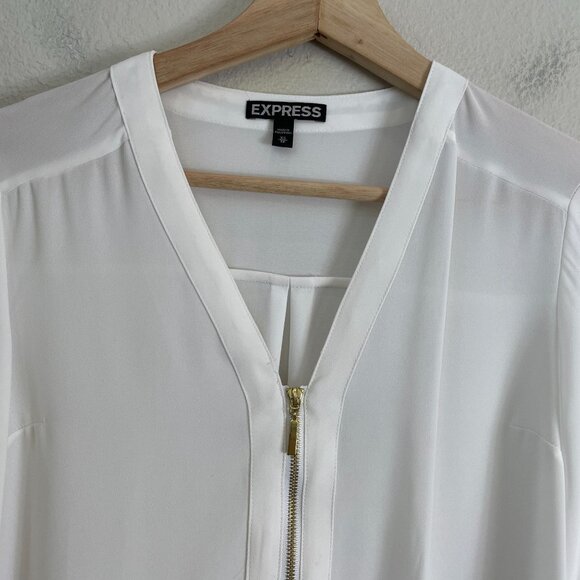 Express Womens XS White V Neck Blouse Zipper Detail Ruched Sleeves Shirt Top - Picture 2 of 7